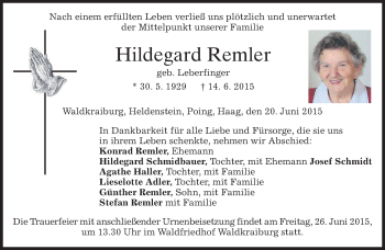 Todesanzeige von Hildegard Remler von merkurtz