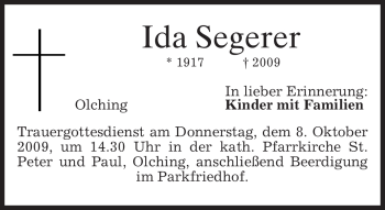 Todesanzeige von Ida Segerer von MERKUR & TZ