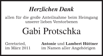 Todesanzeige von Gabi Protschka von MERKUR & TZ