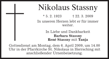 Todesanzeige von Nikolaus Stassny von MERKUR & TZ