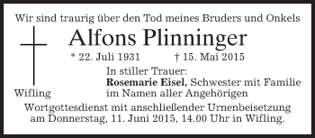 Todesanzeige von Alfons Plinninger von merkurtz
