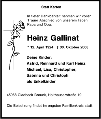 Todesanzeige von Heinz Gallinat von MERKUR & TZ