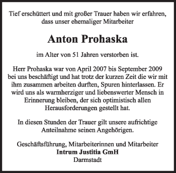 Todesanzeige von Anton Prohaska von MERKUR & TZ