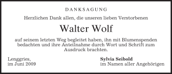 Todesanzeige von Walter Wolf von MERKUR & TZ