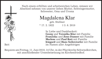 Todesanzeige von Magdalena Klar von MERKUR & TZ