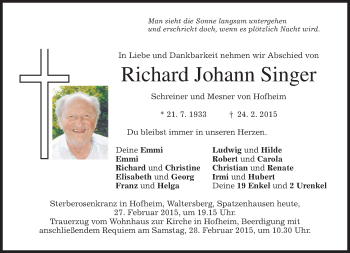 Todesanzeige von Richard Johann Singer von merkurtz
