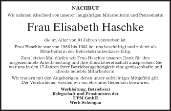 Todesanzeige von Elisabeth Haschke von merkurtz