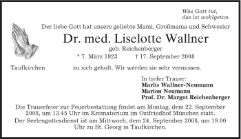 Todesanzeige von Liselotte Wallner von MERKUR & TZ
