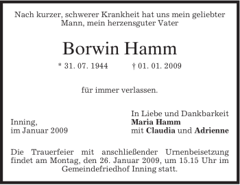 Todesanzeige von Borwin Hamm von MERKUR & TZ