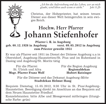 Todesanzeige von Johann Stiefenhofer von MERKUR & TZ