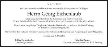 Todesanzeige von Georg Eichenlaub von MERKUR & TZ