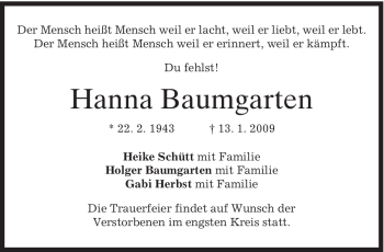 Todesanzeige von Hanna Baumgarten von MERKUR & TZ