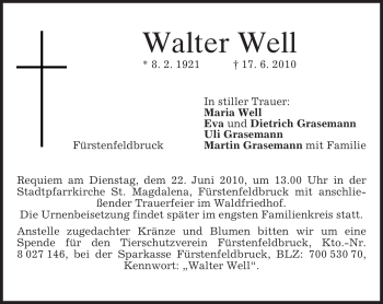 Todesanzeige von Walter Well von MERKUR & TZ