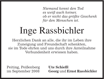 Todesanzeige von Inge Rassbichler von MERKUR & TZ