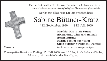Todesanzeige von Sabine Büttner-Kratz von MERKUR & TZ