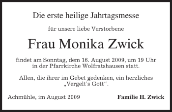 Todesanzeige von Monika Zwick von MERKUR & TZ