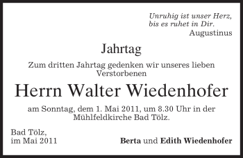 Todesanzeige von Walter Wiedenhofer von MERKUR & TZ