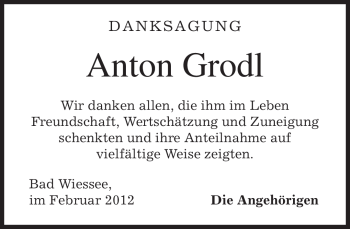 Todesanzeige von Anton Grodl von MERKUR & TZ