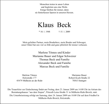 Todesanzeige von Klaus Beck von MERKUR & TZ