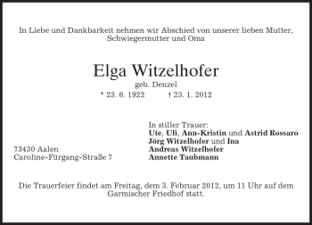 Todesanzeige von Elga Witzelhofer von MERKUR & TZ