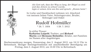 Todesanzeige von Rudolf Hofmüller von MERKUR & TZ