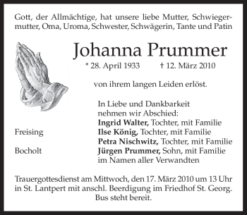 Todesanzeige von Johanna Prummer von MERKUR & TZ