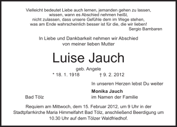 Todesanzeige von Luise Jauch von MERKUR & TZ