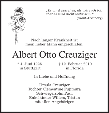 Todesanzeige von Albert Otto Creuziger von MERKUR & TZ