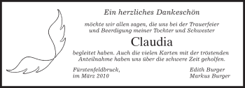 Todesanzeige von Claudia Burger von MERKUR & TZ