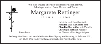 Todesanzeige von Margarete Rettinger von MERKUR & TZ