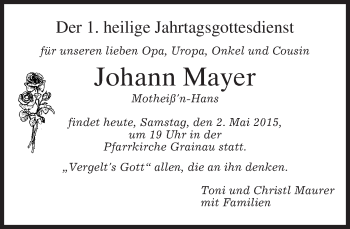 Todesanzeige von Johann Mayer von merkurtz