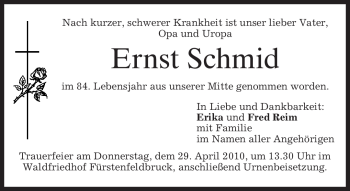 Todesanzeige von Ernst Schmid von MERKUR & TZ