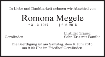 Todesanzeige von Romona Megele von merkurtz