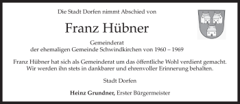 Todesanzeige von Franz Hübner von MERKUR & TZ