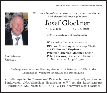 Todesanzeige von Josef Glockner von MERKUR & TZ