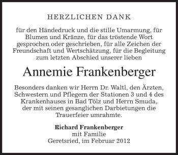 Todesanzeige von Annemie Frankenberger von MERKUR & TZ