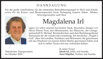 Todesanzeige von Magdalena Irl von MERKUR & TZ