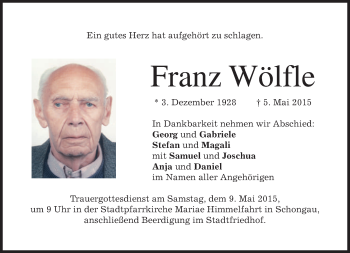 Todesanzeige von Franz Wölfle von merkurtz