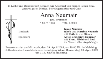 Todesanzeige von Anna Neumair von MERKUR & TZ