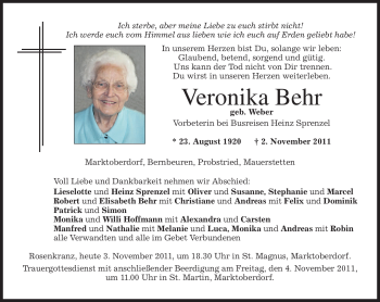 Todesanzeige von Veronika Behr von MERKUR & TZ