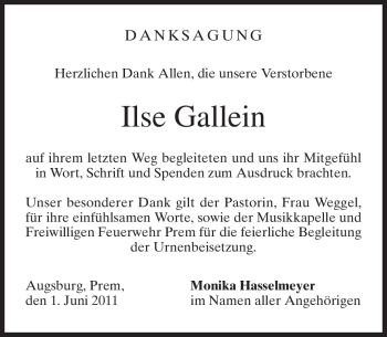Todesanzeige von Ilse Gallein von MERKUR & TZ