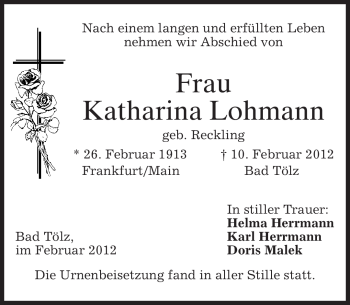 Todesanzeige von Katharina Lohmann von MERKUR & TZ