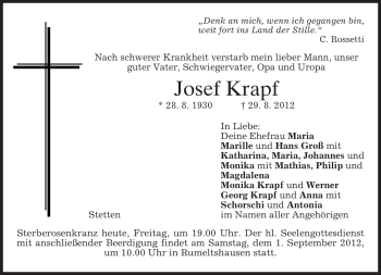 Todesanzeige von Josef Krapf von merkurtz