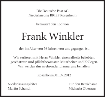 Todesanzeige von Frank Winkler von merkurtz