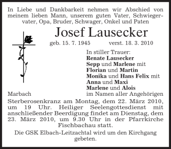 Todesanzeige von Josef Lausecker von MERKUR & TZ