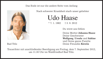 Todesanzeige von Udo Haase von merkurtz