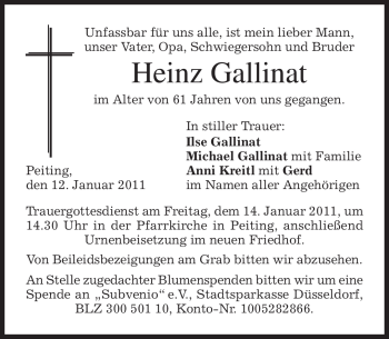 Todesanzeige von Heinz Gallinat von MERKUR & TZ