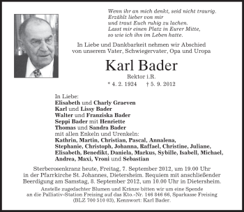 Todesanzeige von Karl Bader von merkurtz