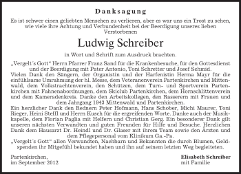 Todesanzeige von Ludwig Schreiber von merkurtz