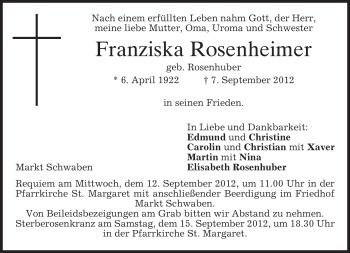 Todesanzeige von Franziska Rosenheimer von merkurtz